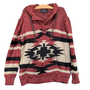 American Eagle Men's Hooded Henley Sweater Red Large Aztec Tribal Ribbed Hem